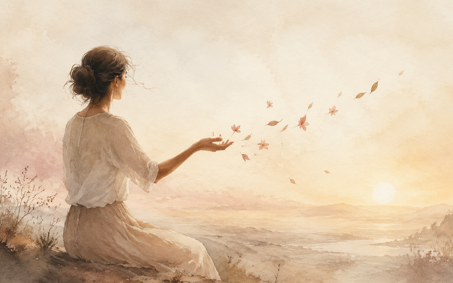 Mujer soltando pétalos al viento en una escena serena